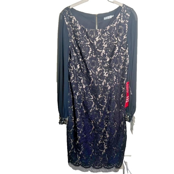 Eliza J Dresses & Skirts - Eliza‎ J Women's Black Tan Floral Lace Sleeve Boatneck Dress Size: 8 Rhinestone